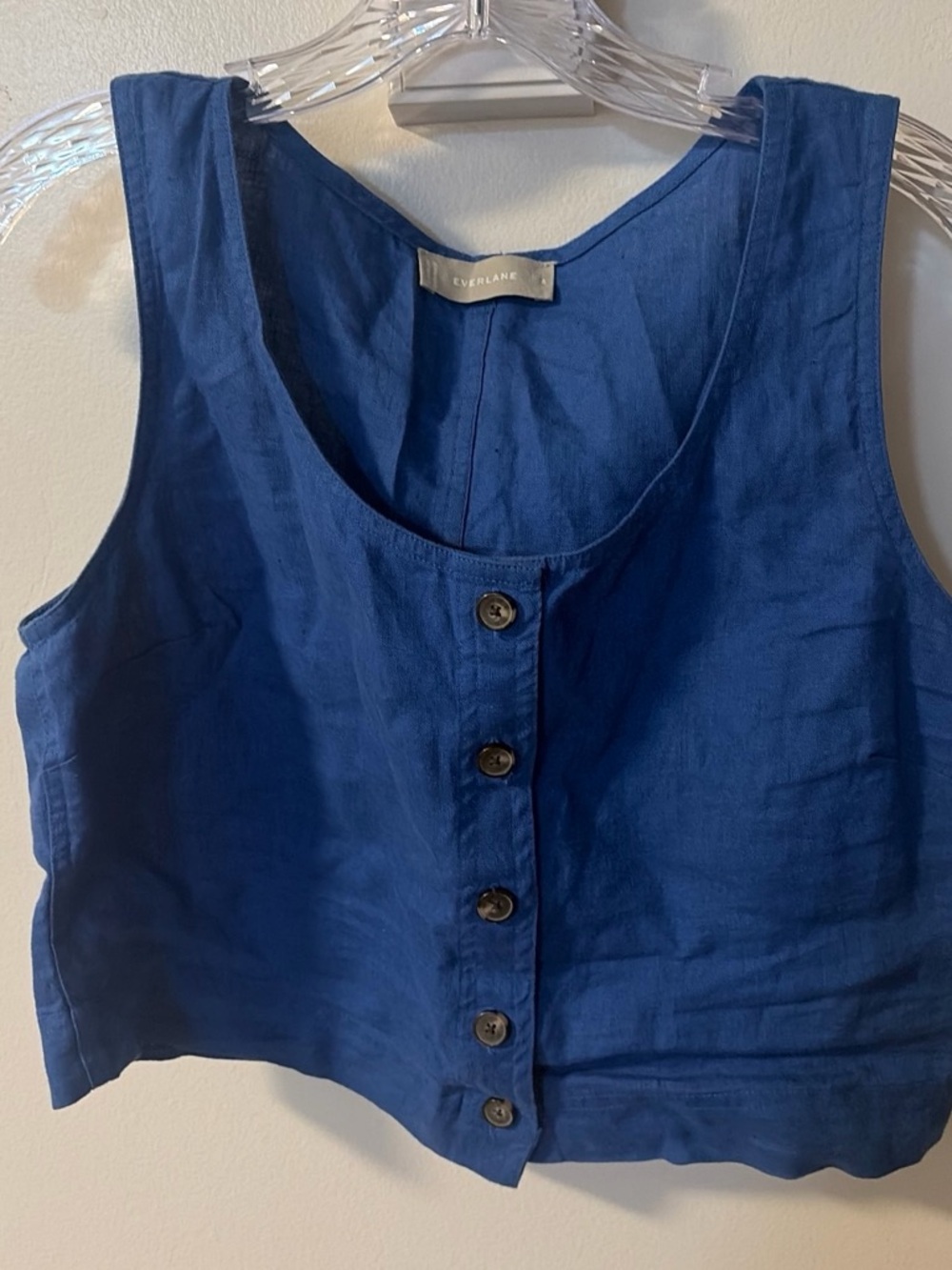 Everlane Blue Linen Button-Front Crop Tank